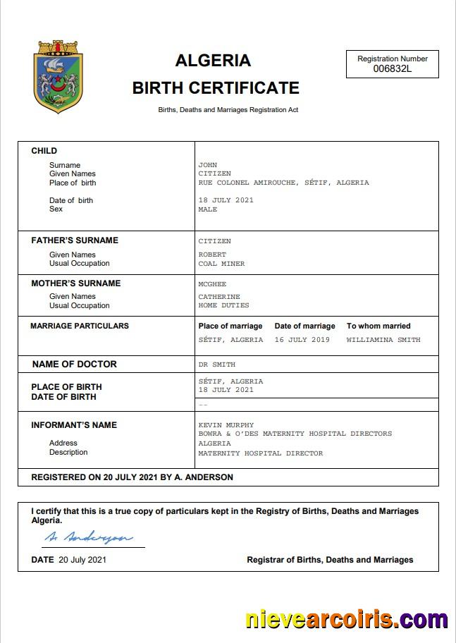 Algeria vital record birth certificate